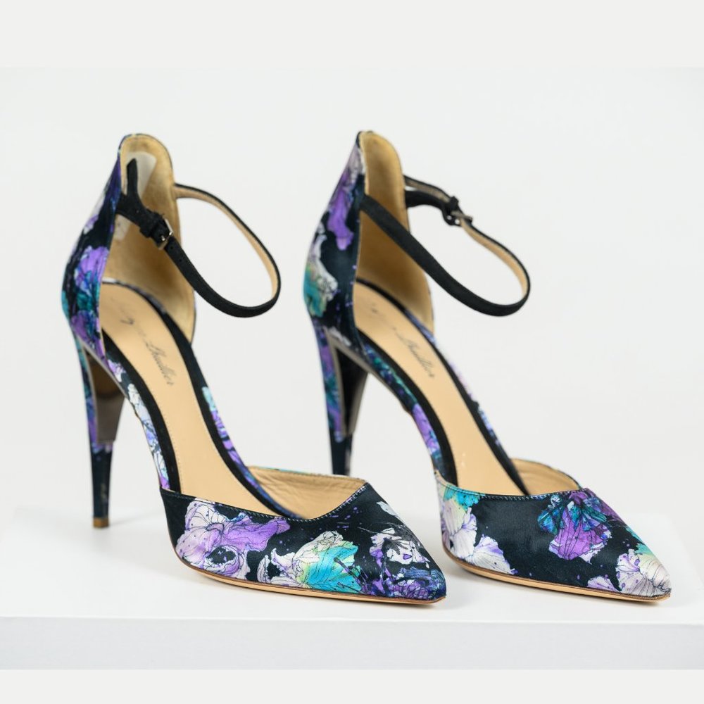Monique Lhuillier Silk Floral Ankle Strap Heels